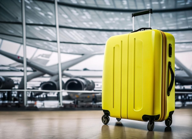 Yellow suitcase in an airport with an airplane in the background