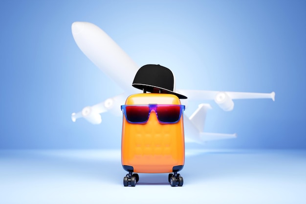 A yellow suitcase in a cap and sunglasses on the background of an airplane ready to fly on vacation travel concept 3d rendering