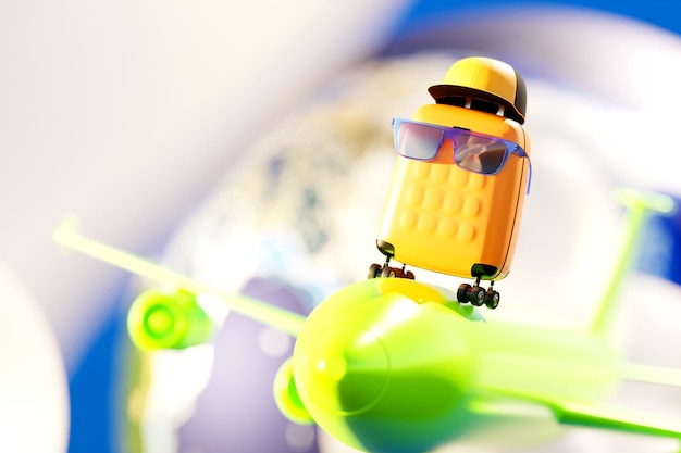 Yellow suitcase in a cap and sunglasses on a green plane to fly on vacation Travel concept 3d rendering