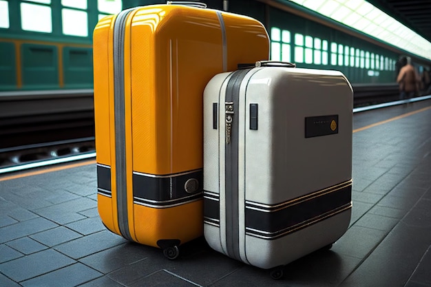 Yellow suitcase on the floor of the platform of a modern longdistance train station Generative AI