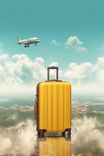 A yellow suitcase is in the air and the plane is flying above it.