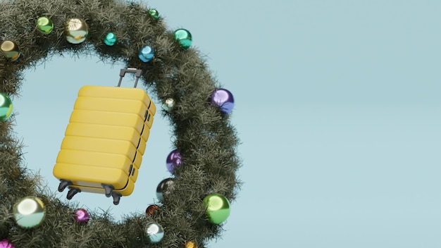 a yellow suitcase is hanging on a wreath with christmas decorations.