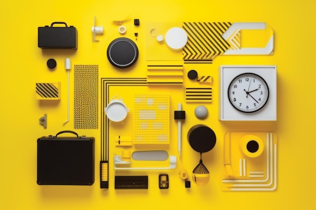 A yellow suitcase is placed on a yellow background with various accessories