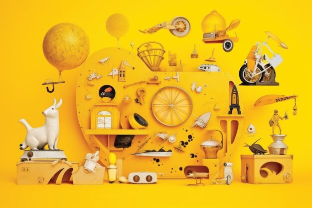 A yellow suitcase is placed on a yellow background with various accessories