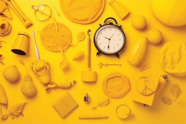 A yellow suitcase is placed on a yellow background with various accessories