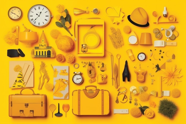 A yellow suitcase is placed on a yellow background with various accessories