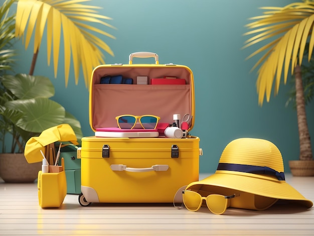 Yellow suitcase packed and ready for summer vacation 3D Rendering Generate Ai