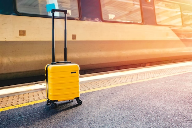 Yellow Suitcase on platform in train station Travel concept