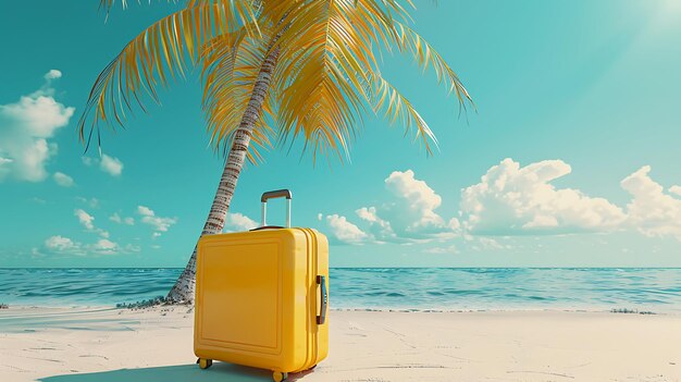 Foto una valigia gialla si siede su una spiaggia con una palma sullo sfondo