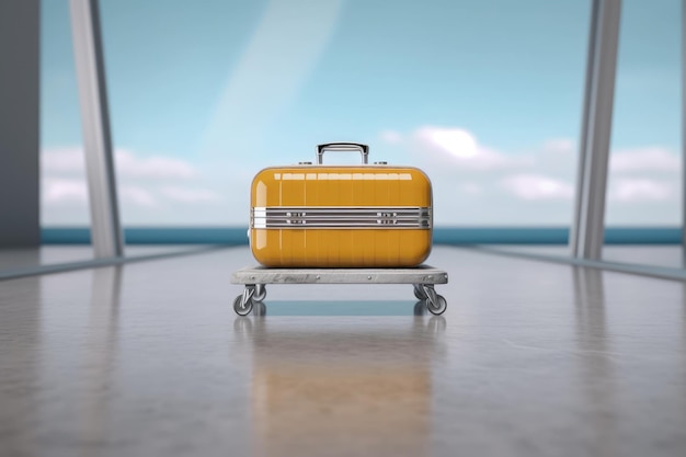 A yellow suitcase sits on a cart in front of a blue sky.