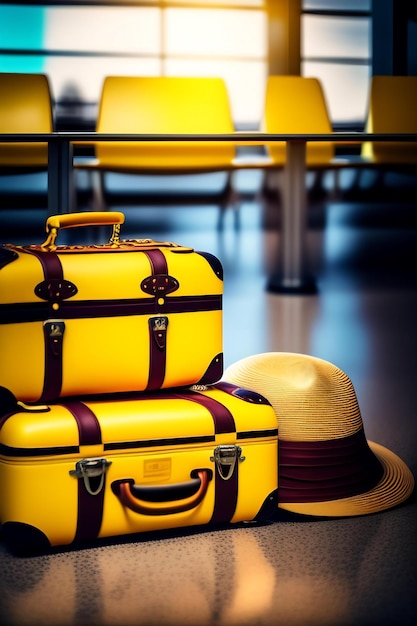 Yellow suitcase and straw women's hat in airport departure lounge on airplane background
