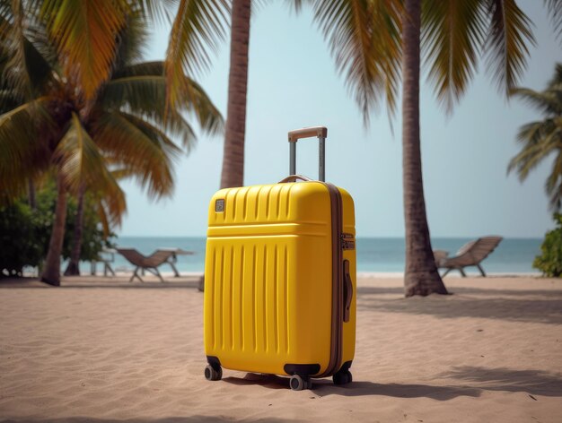 Yellow suitcase for tourism travel on the beach with palm trees