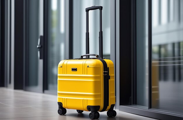 A yellow suitcase on wheels in the lobby of a hotel or apartment