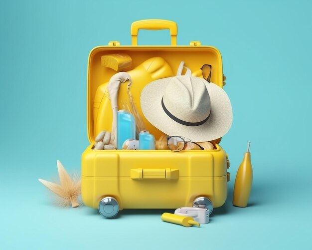 Photo yellow suitcase with beach accessories on blue background