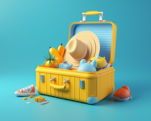 Photo yellow suitcase with beach accessories on blue background