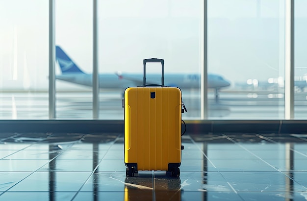 Photo a yellow suitcase with a black handle and a black handle