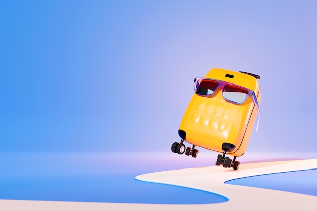 Photo a yellow suitcase with blue glasses calls for a vacation on a blue background summer travel concept 3d illustration