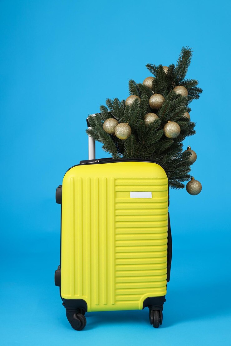 Photo a yellow suitcase with a decorated christmas tree