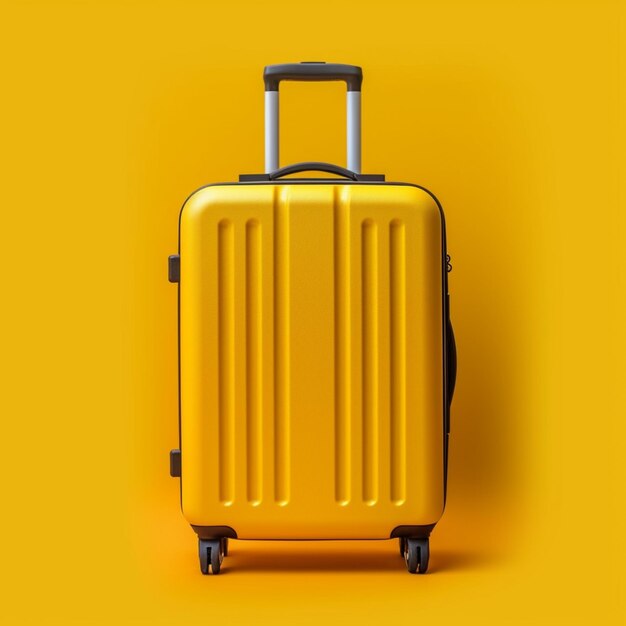 Yellow suitcase with handle on yellow background with copy space generative ai