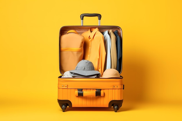 A yellow suitcase with a hat on it