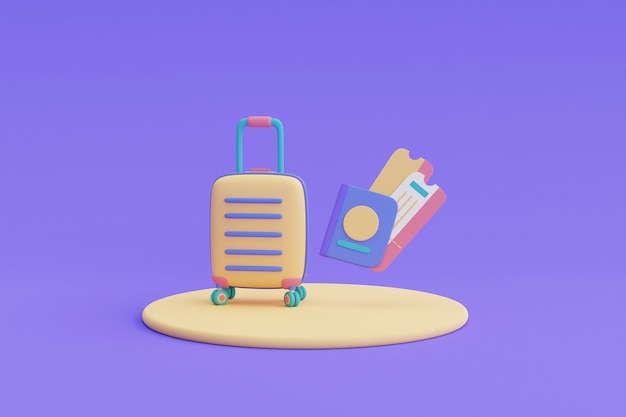 Yellow suitcase with passport and ticket,Tourism and travel concept,holiday vacation,Ready for travel,3d render.