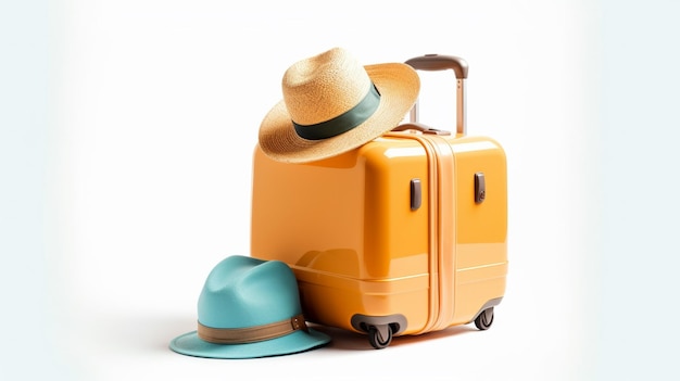 Желтый чемодан с соломенной шляпой и соломенной шляпой на нем.