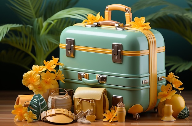 yellow suitcase with summer beach accessories