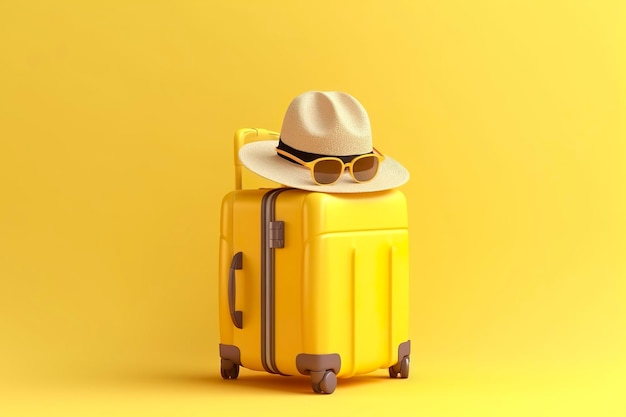 Yellow suitcase with sun glasses and hat on yellow background travel concept