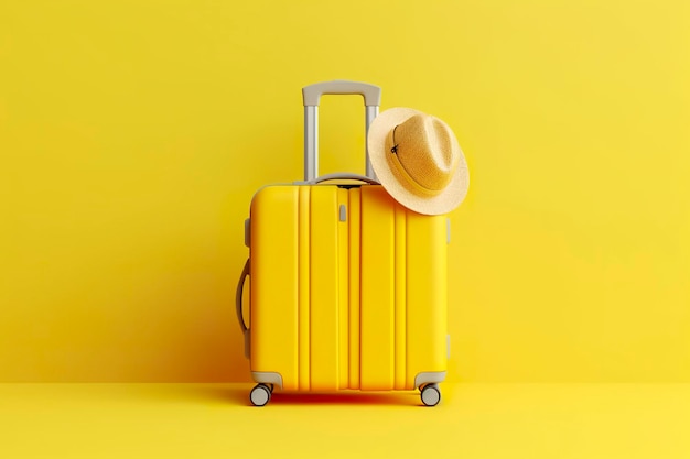 Photo yellow suitcase with sun glasses and hat on yellow background travel concept