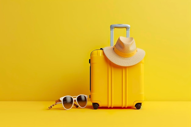 Yellow suitcase with sun glasses and hat on yellow background travel concept