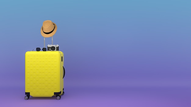 Yellow suitcase with sun hat and glasses, camera, travel concept, 3d illustration.