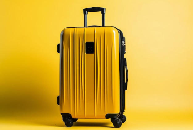 A yellow suitcase with the word travel on it