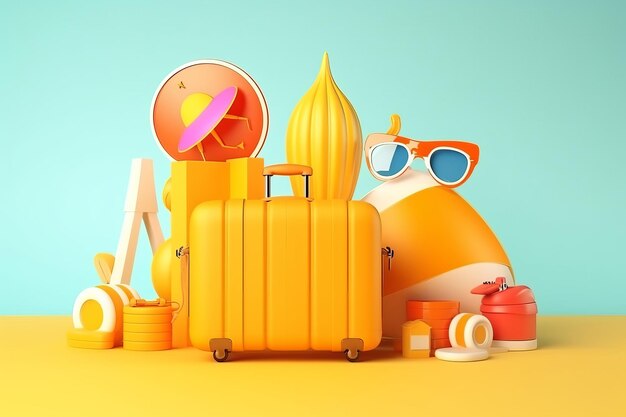 A yellow suitcase with a yellow suitcase and sunglasses on it.