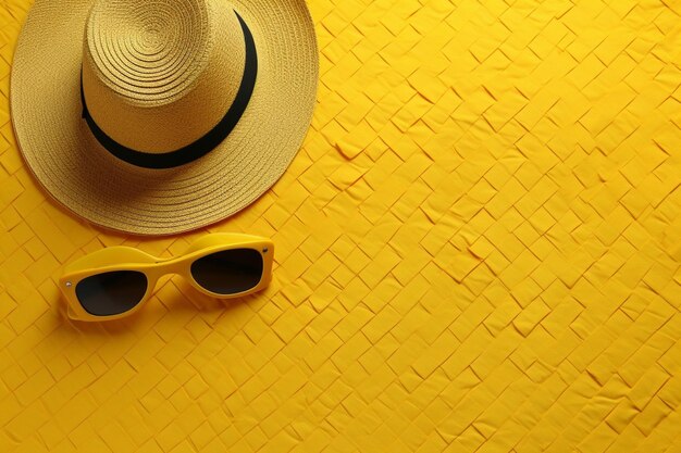 Yellow summer beach hat and sunglasses on yellow background