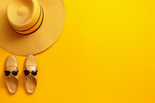 Yellow summer beach hat and sunglasses on yellow background