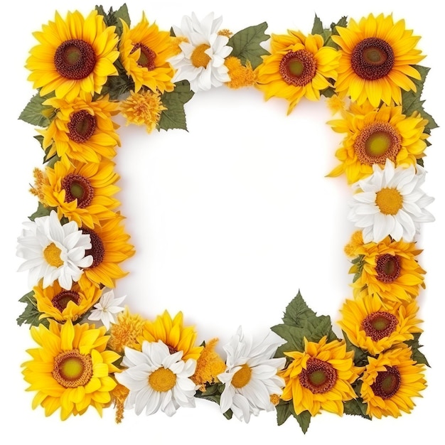 A yellow sunflower frame with white flowers on it