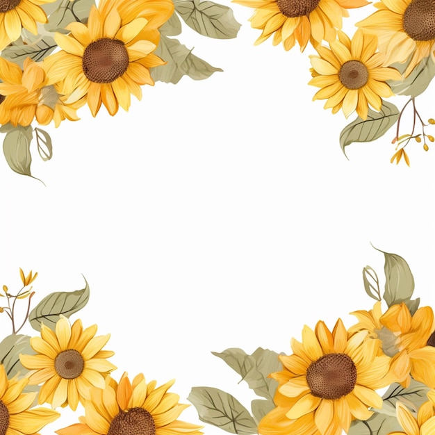 Yellow Sunflower and Green Leaves Boutiqus and Frame on White Background
