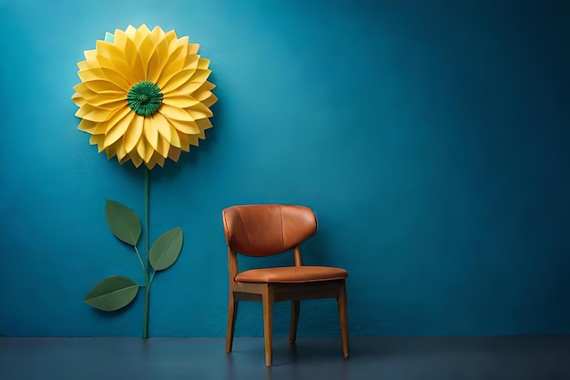 A yellow sunflower is on a blue wall with a yellow flower in the center