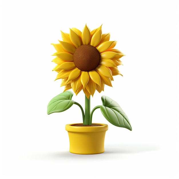 A yellow sunflower in a pot with a white background