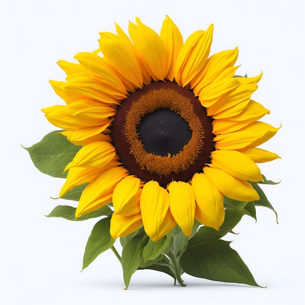 A yellow sunflower with a black center and a green leaf.