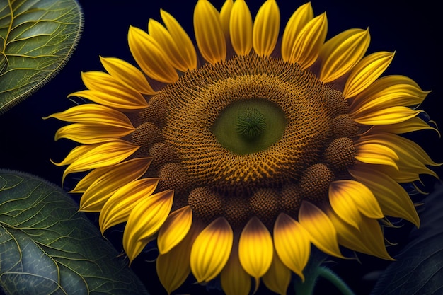 A yellow sunflower with a green center and a black background.