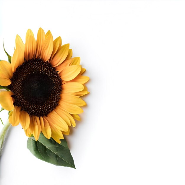 A yellow sunflower with a green leaf on it