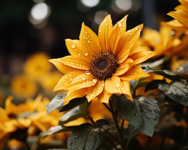 花びらに水滴が付いた黄色いヒマワリ