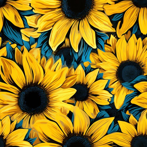 Yellow sunflowers are in a field with blue leaves generative ai