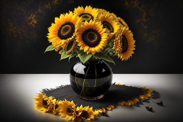 yellow sunflowers and purple flowers on a table top next to a black background