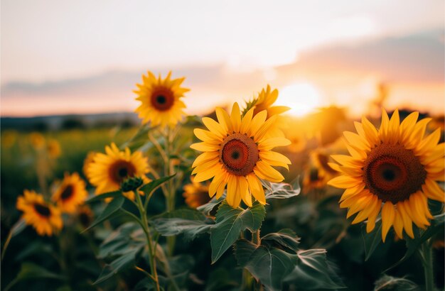 Yellow sunflowers at sunset