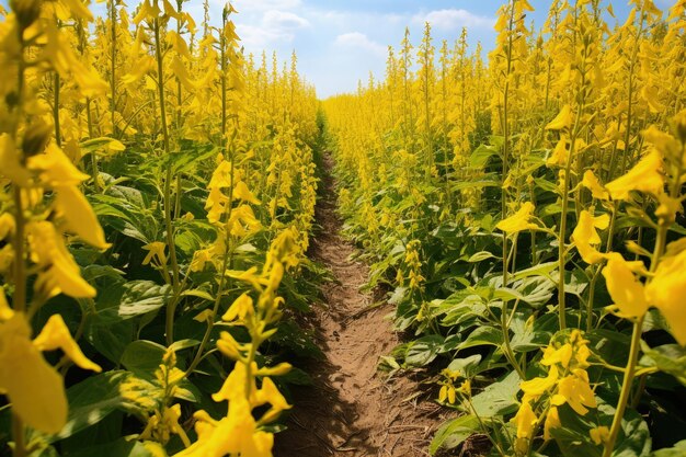 Photo yellow sunn hemp with soil path in sunny field