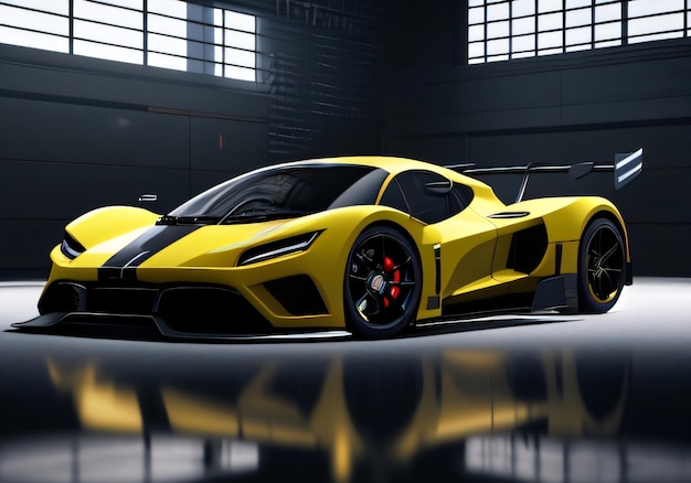 A yellow supercar in a dark garage with the word lamborghini on the front.