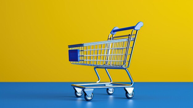 A yellow supermarket trolley stands out against a vibrant blue background making it an eyecatching visual