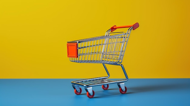 A yellow supermarket trolley stands out against a vibrant blue background making it an eyecatching visual